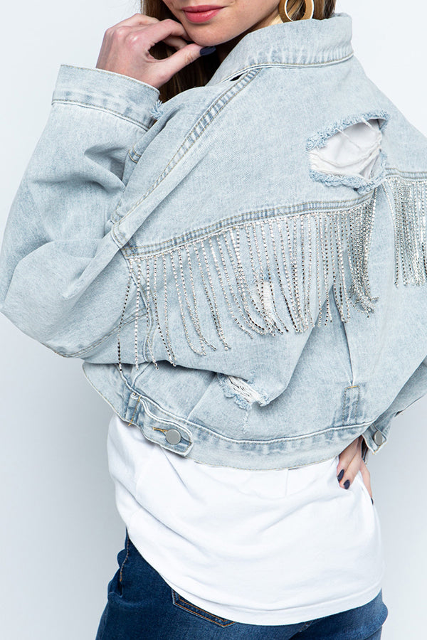 Ripped Rhinestone Fringed Denim Jacket