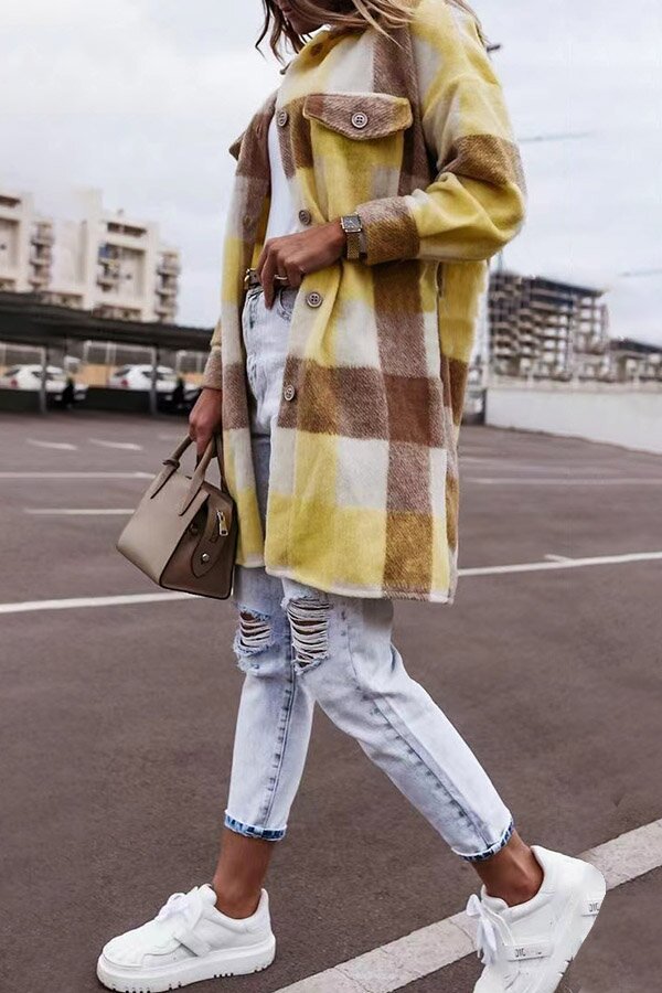 On-trend Mid-length Plaid Lapel Button Down Coat