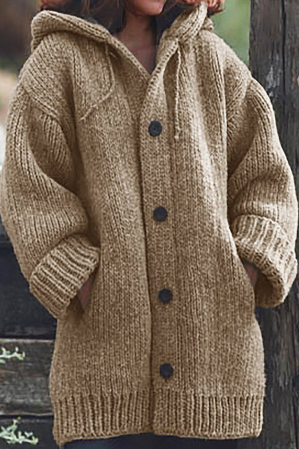Button Down Hooded Knitted Cardigan Plus Size Outerwear For Women