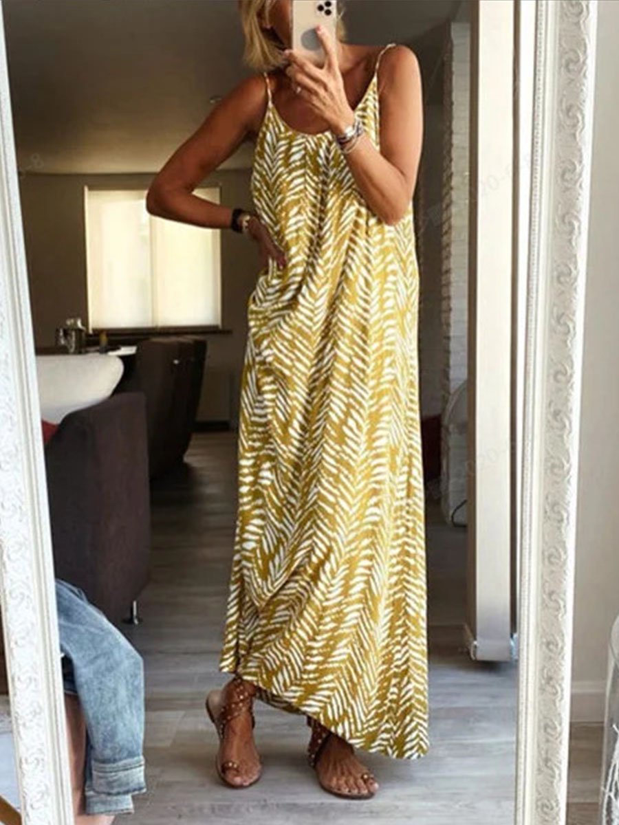 Stylish Spaghetti Straps U-Collar Printed Maxi Dress
