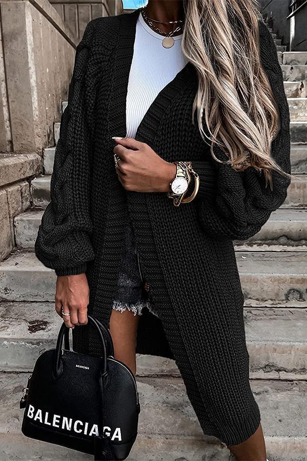 Solid Color Long Lantern Sleeve Knitted Twist Cardigan