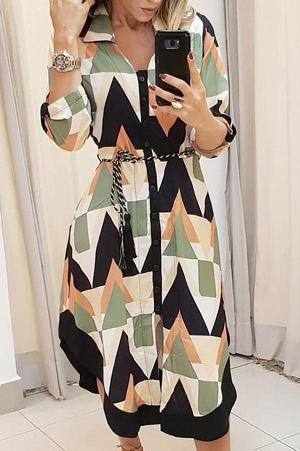 V-neck Plaid Slim Fit Lace Up Loose Long Dress