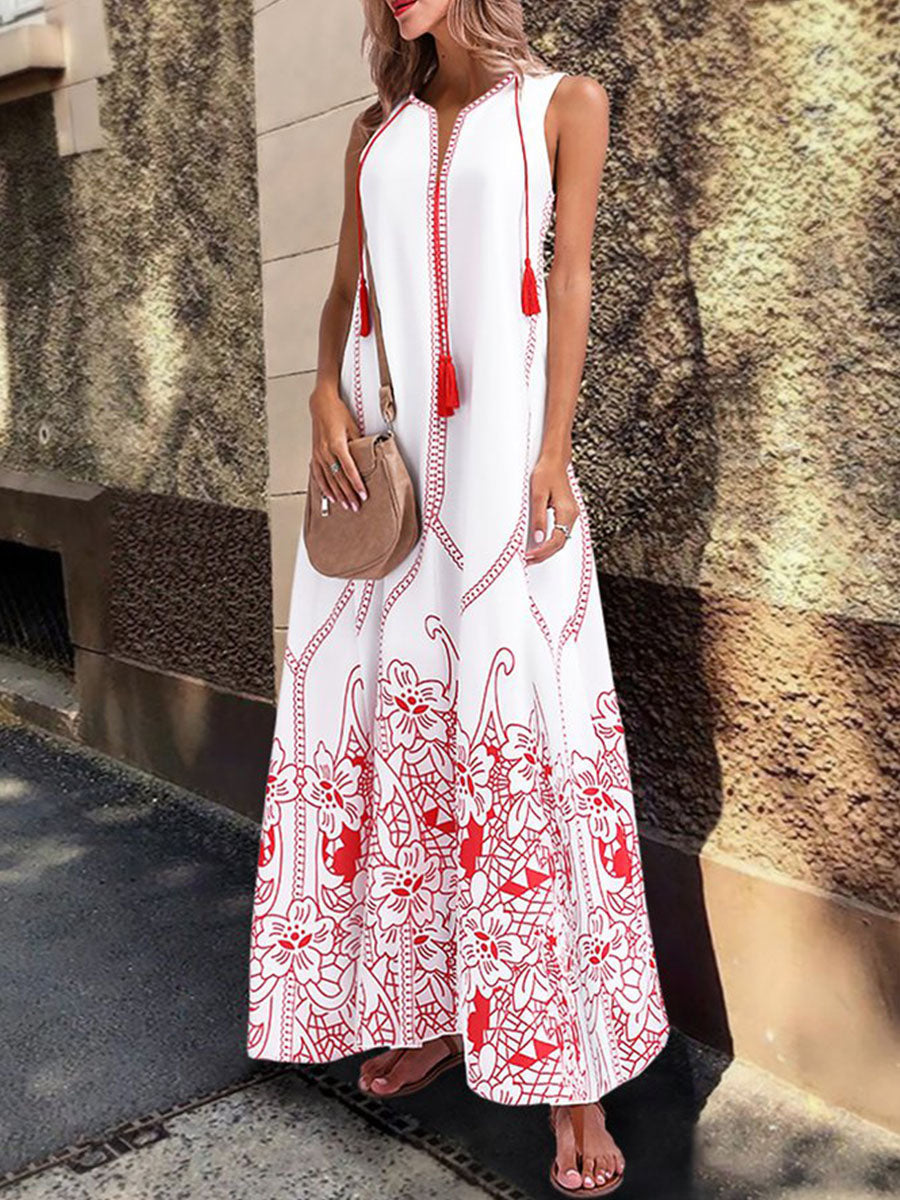 V Neck Red Beach Floral-Print Boho Maxi Dress