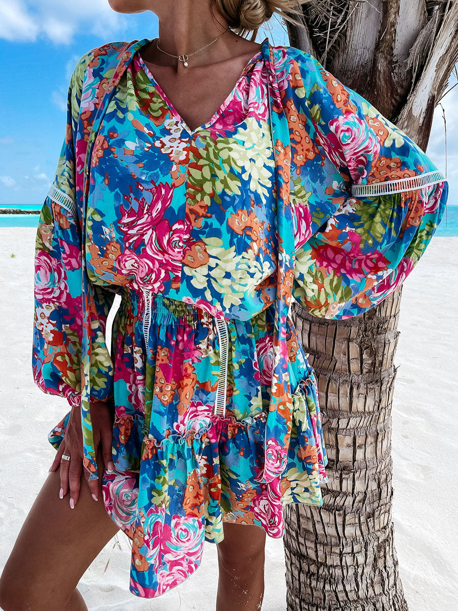 Balloon Sleeve Boho Print V-neck Mini Dress