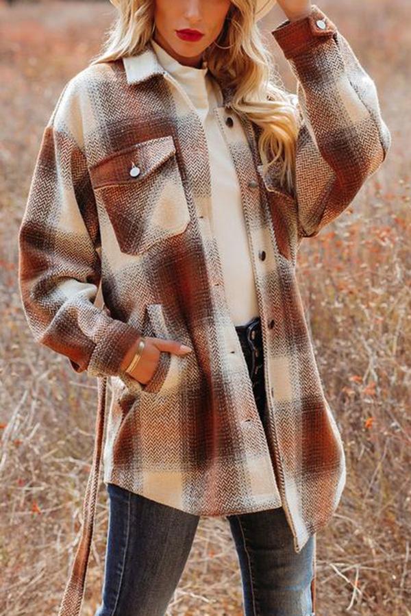 Travel Together Pocketed Belted Plaid Shacket