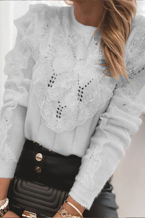 Lace Round Neck Stitching Lace Sweater