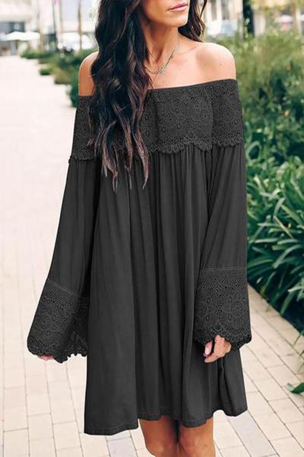Off-Shoulder Lace Stitching Flared Sleeve Mini Dress