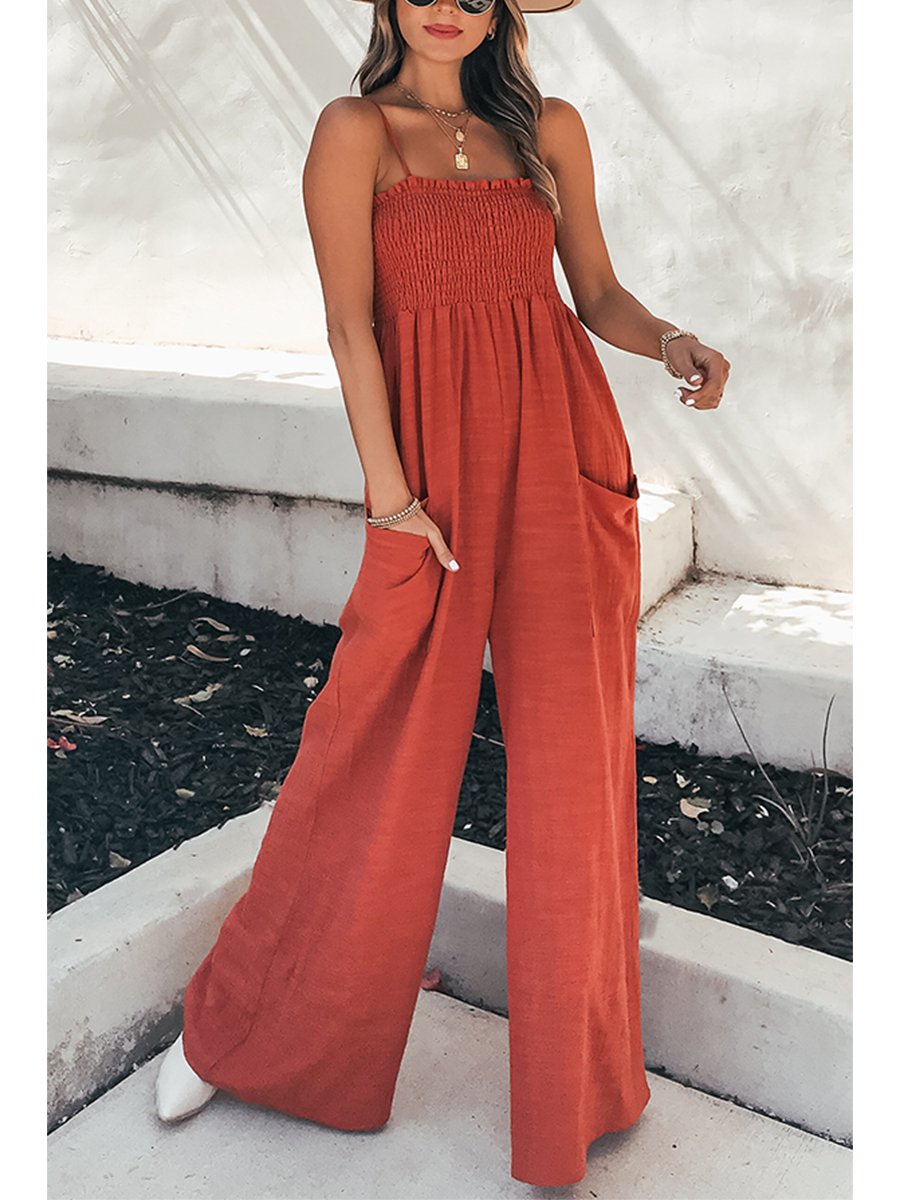 Casual Solid Color Pockets Jumpsuit