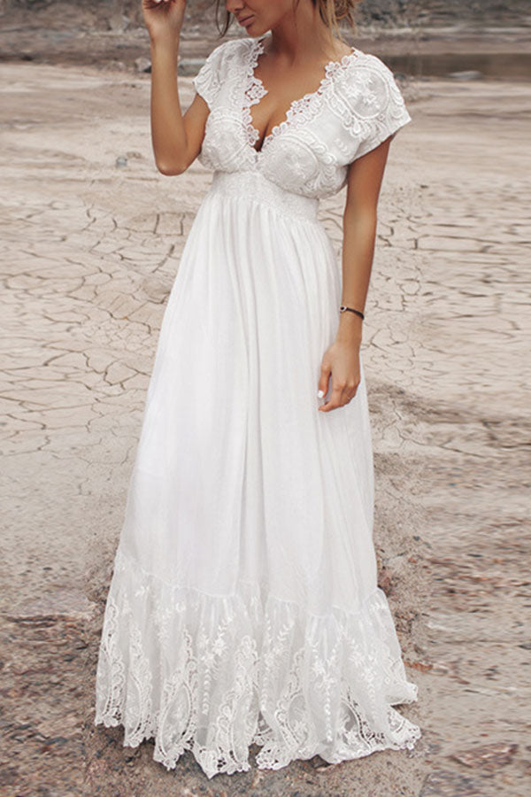 Women's V Neck Dress Lace Long Dress