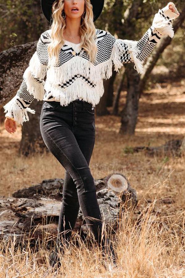 Fringed V-neck Sweater