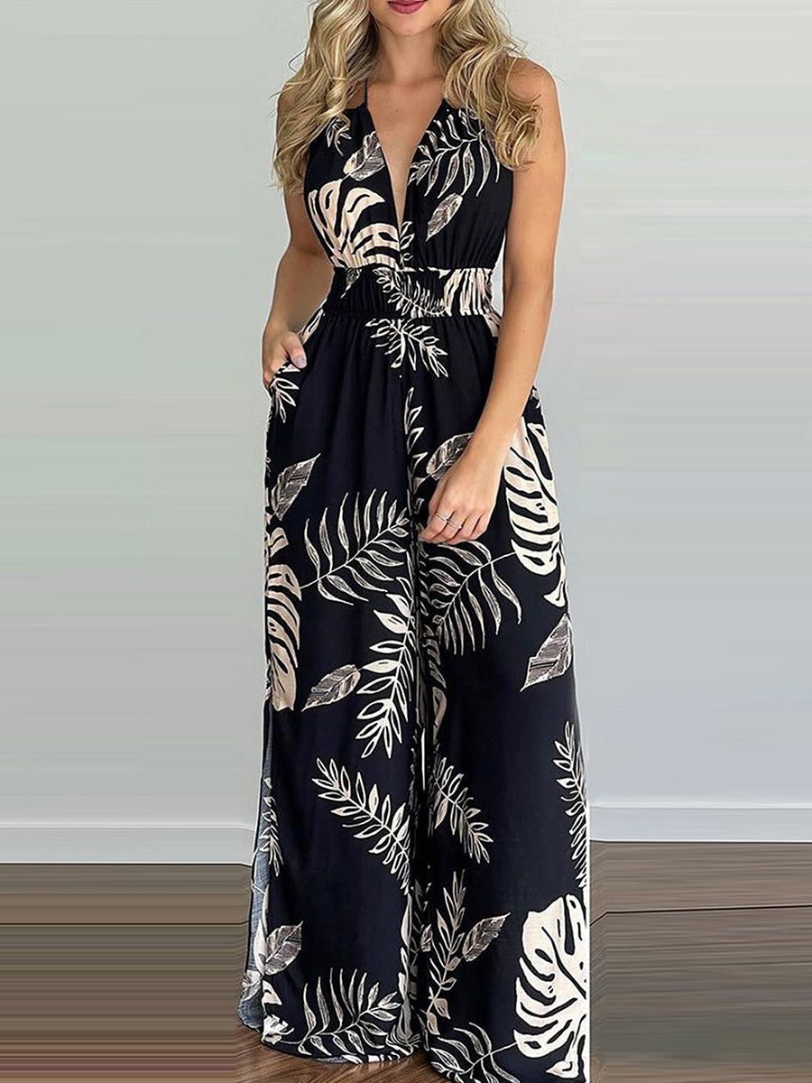 Sling Leaf Print Jumpsuit