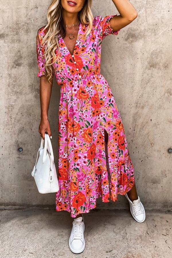 Printed V-neck Waistband Slit Calf-Length Dress