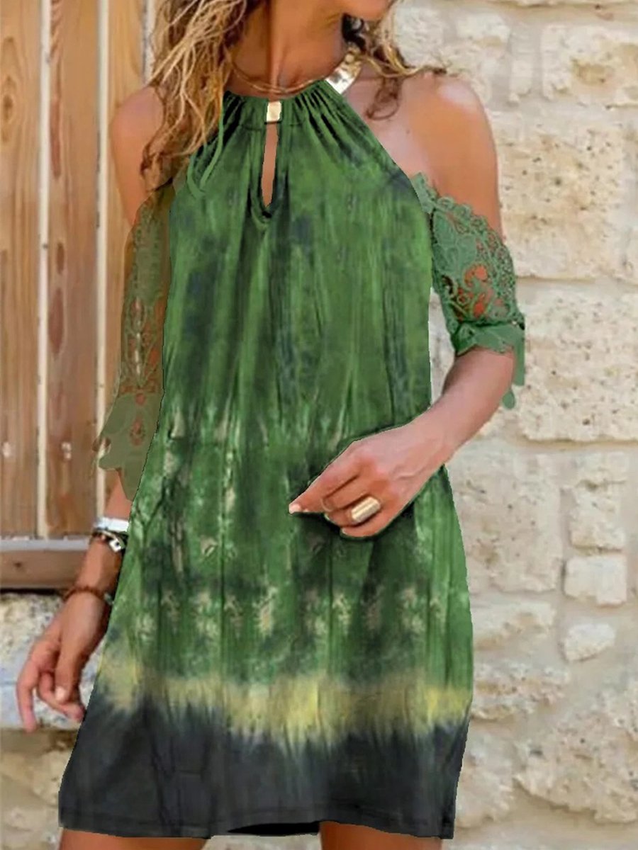 Halter Neck Print Half-sleeve Cold-shouder Mini Dress