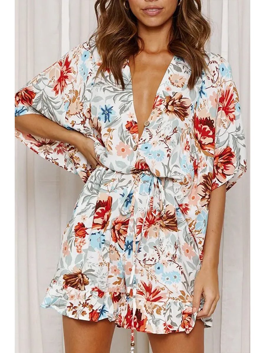 V-neck Printed High-waist Lace-up Romper