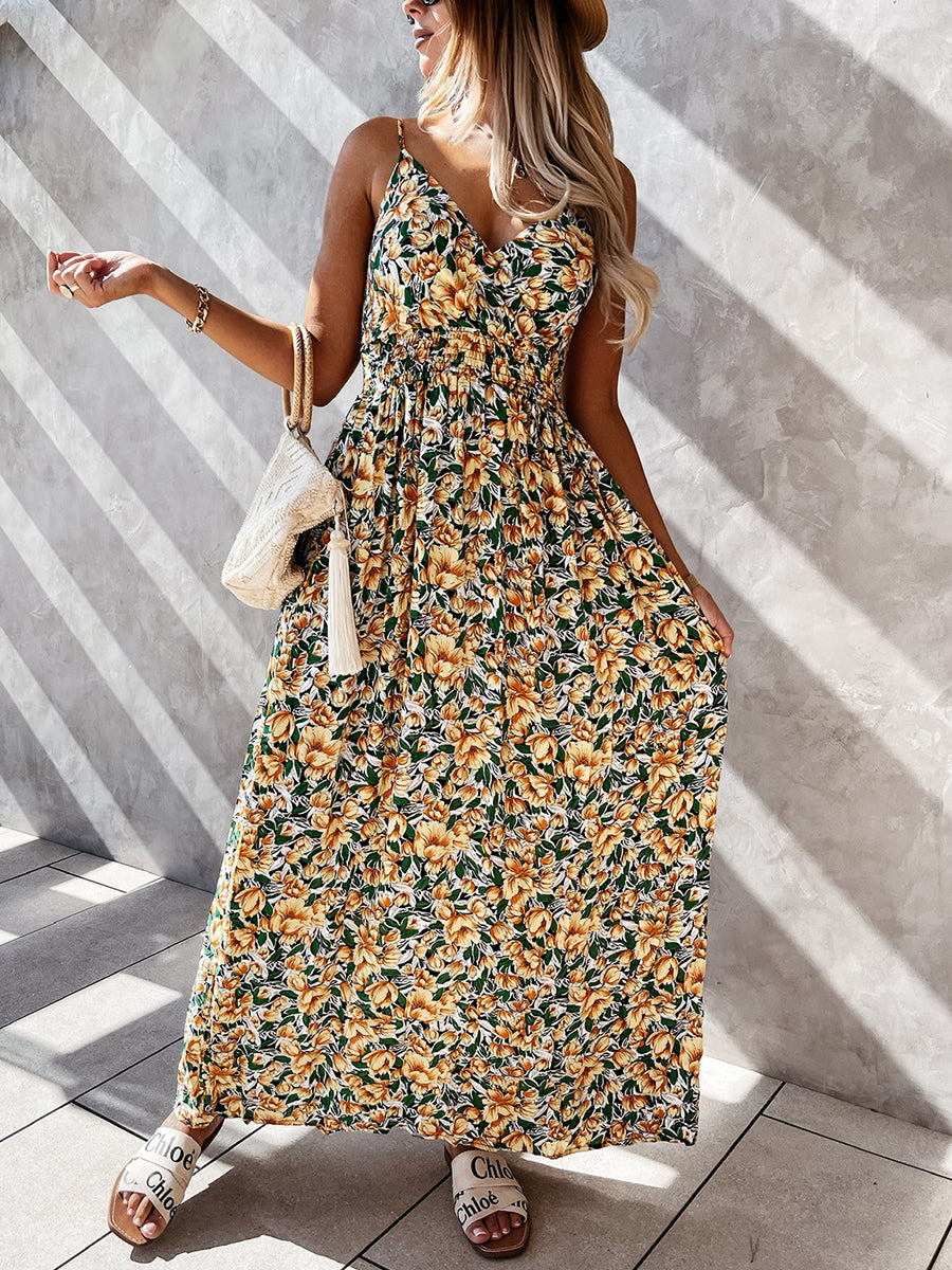 V-neck Smocked Waist Flower Print Maxi Dress