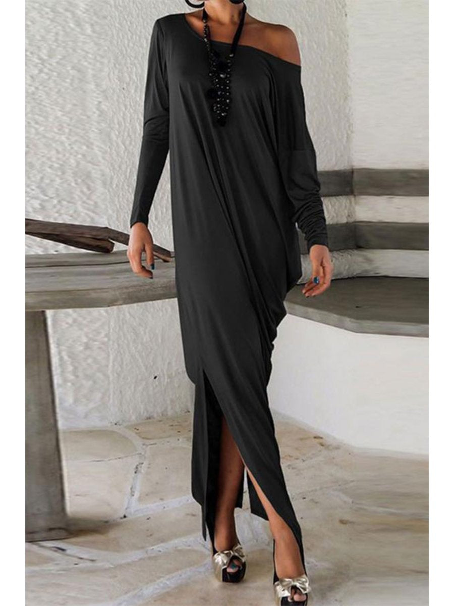 Sexy Sloping Shoulder Solid Color Slit Long Dress