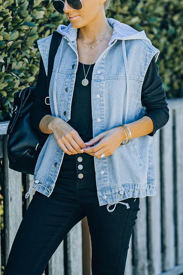 Pocketed Hooded Denim Vest