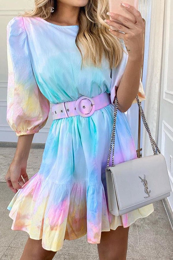 Tie-Dye Resort Ruffled Nipped Waist Mini Dress