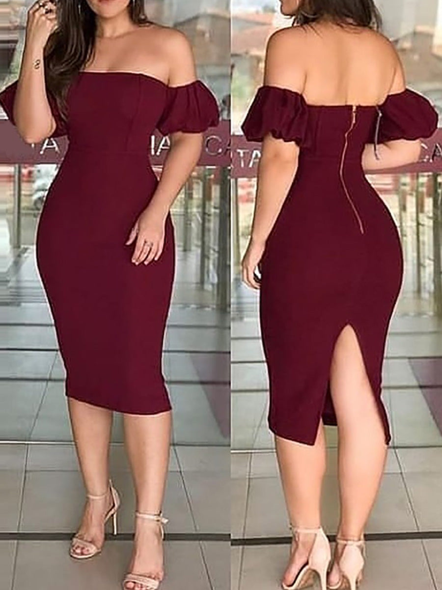 Off Shoulder Plain Zipper Design Back Slit Dress