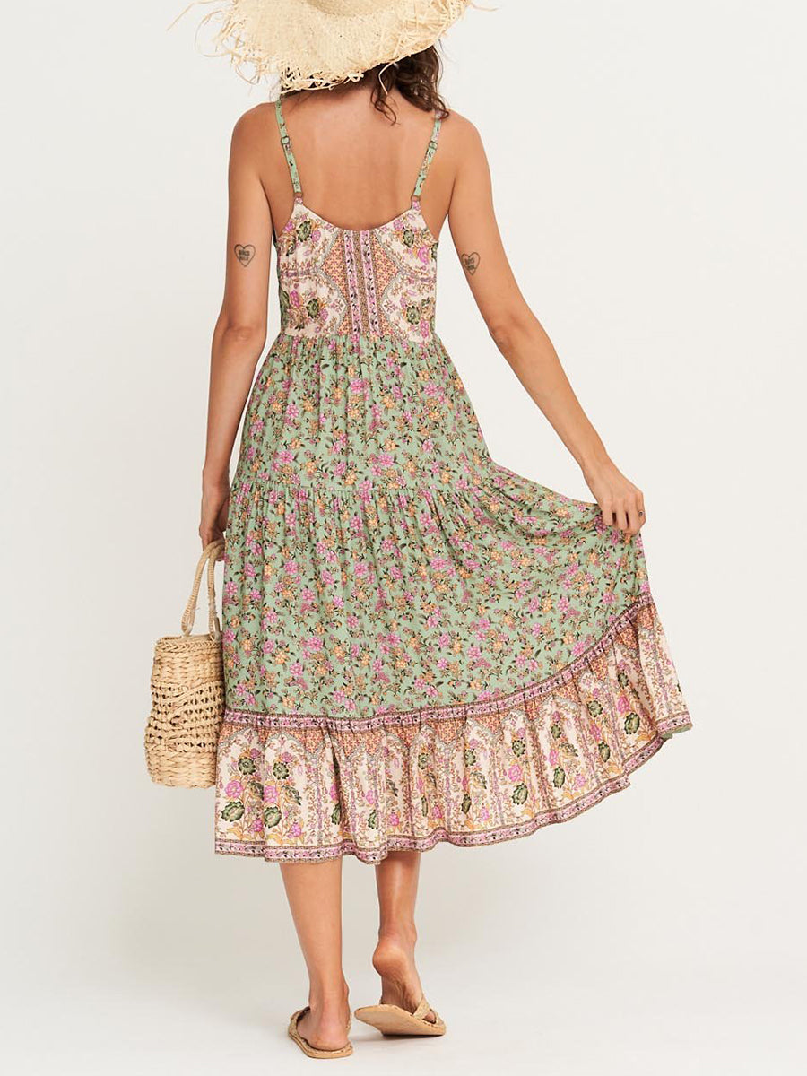 Sphagetti Straps U-neck bBoho Print Maxi Dress