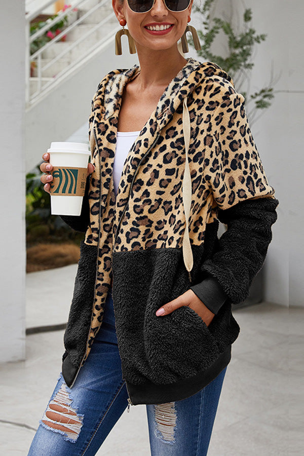 Leopard Patchwork Hooded Plush Coat