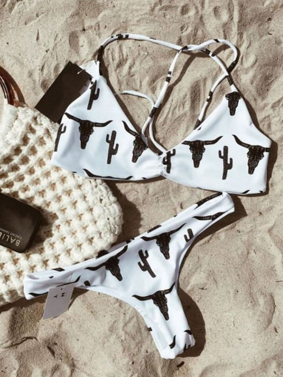 Crisscross Back Contrast Print Bralette Two Pieces Swimsuit