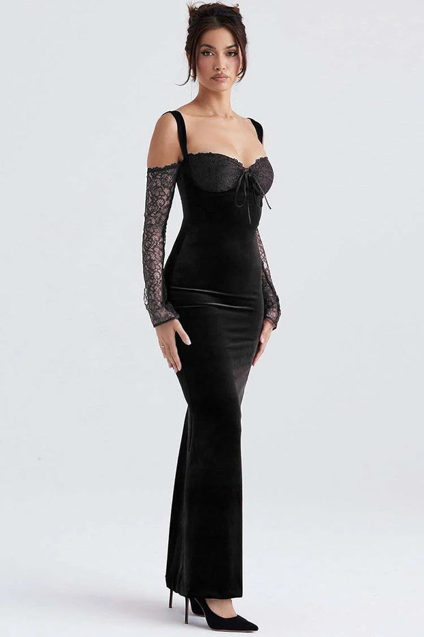 Cold Shoulder Lace Sleeve Bodycon Velvet Formal Party Maxi Dresses –  ChicGirlsBoutique