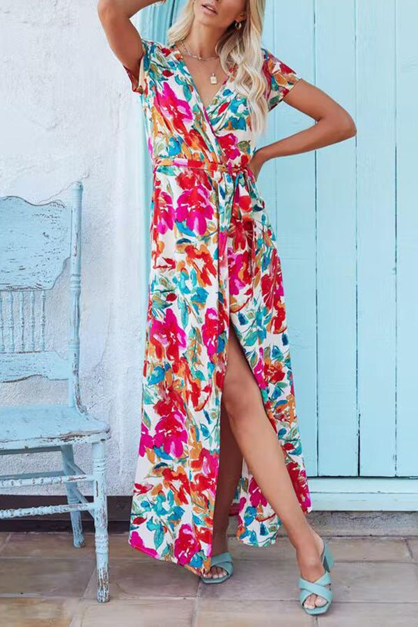 Printed Irregular Slit Short Sleeve Maxi Dress