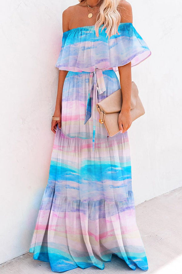 Print Off Shoulder Layered Ruffles Maxi Women Dress