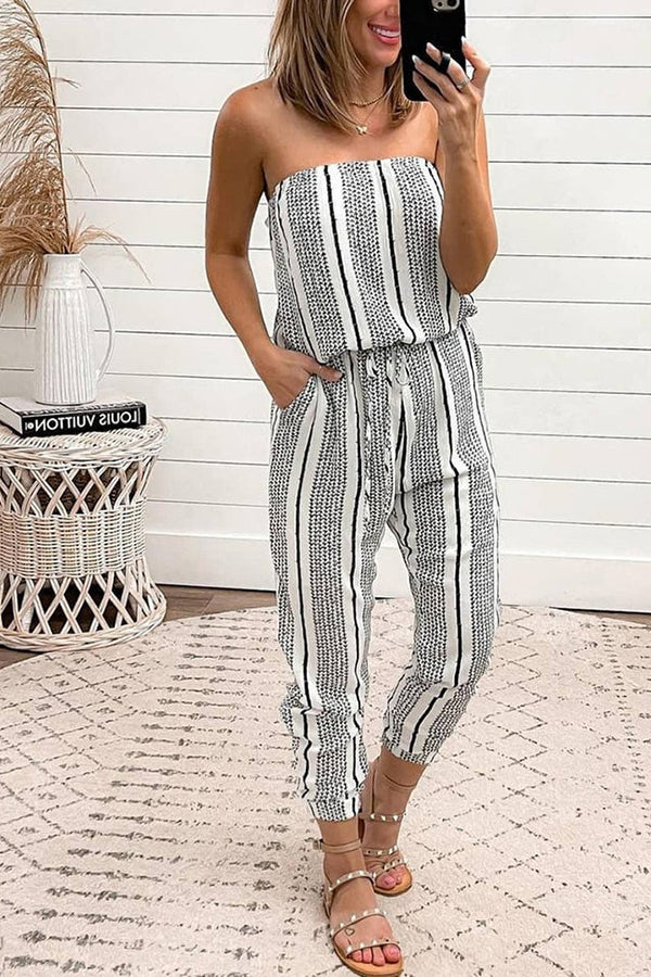 Sexy Striped Bandeau Drawstring Pocket Jumpsuit