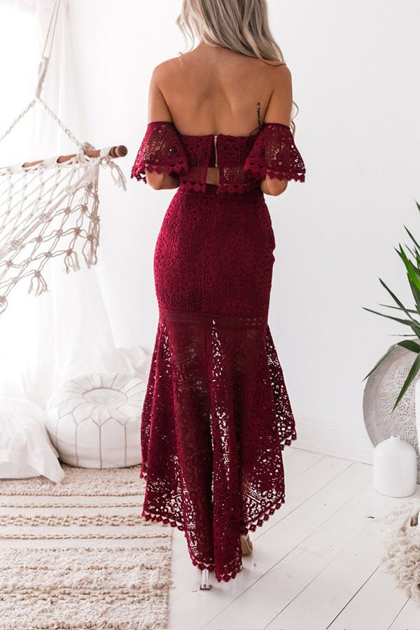 Off Shoulder Lace High Low Skirt Suit