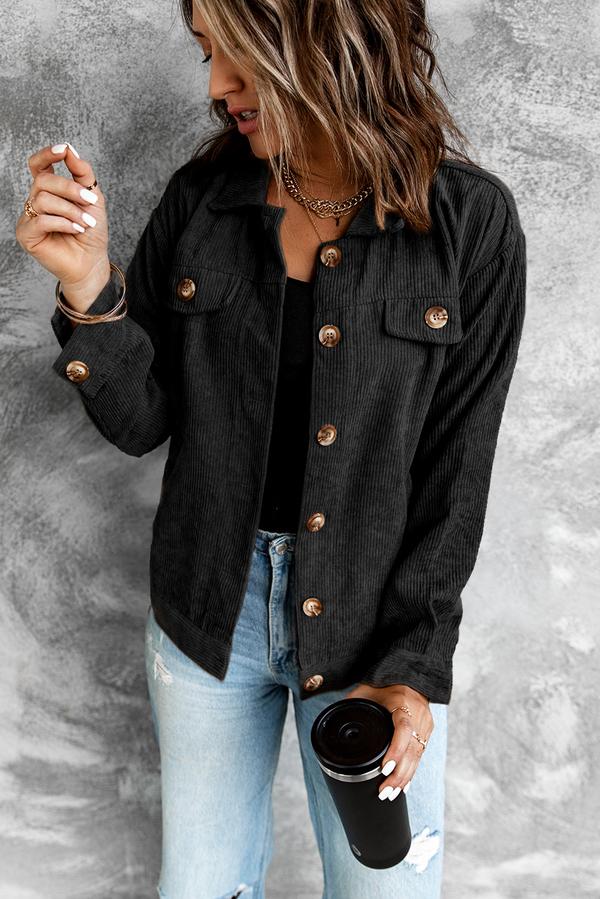 Ribbed Corduroy Long Sleeve Jacket with Pocket