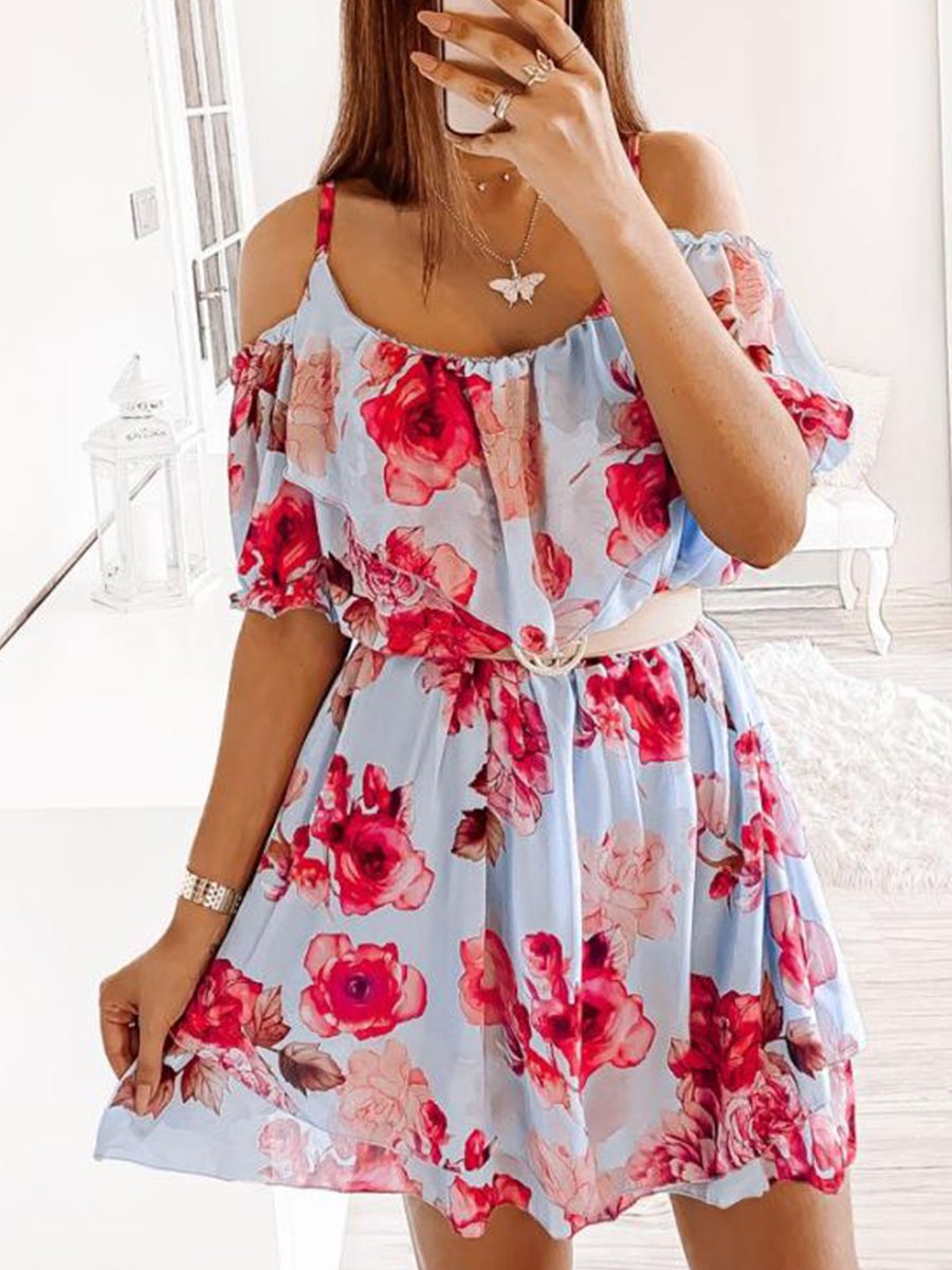 Cold-shoulder Flower Print Chiffon Mini Dress