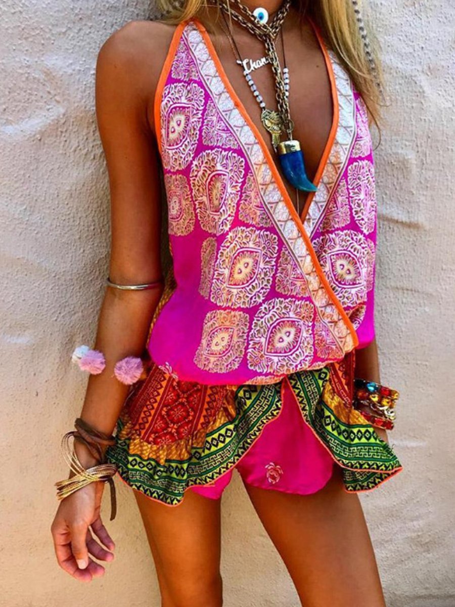 V-neck Sleeveless Boho Print Ruffle Romper