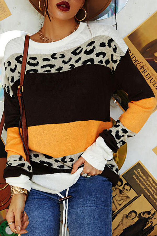 Colorblock Leopard Print Long Sleeve Sweater