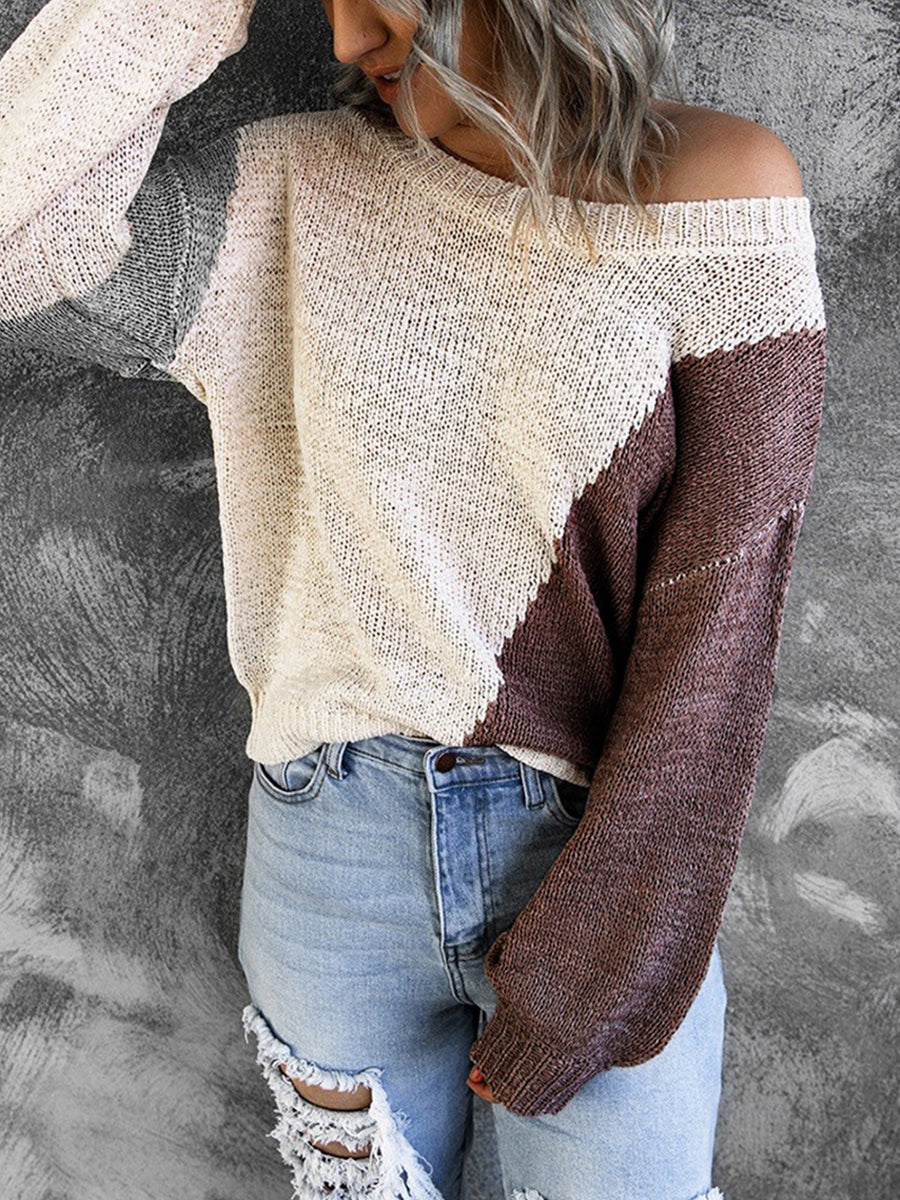 Irregular Color Block Off-shoulder Sweater