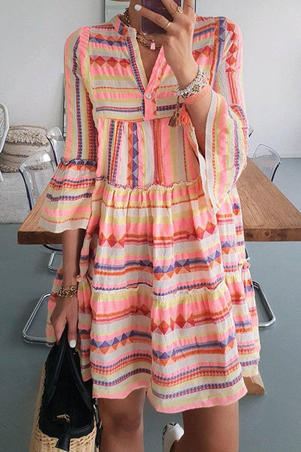Striped Print Flare Sleeve Mini Dress