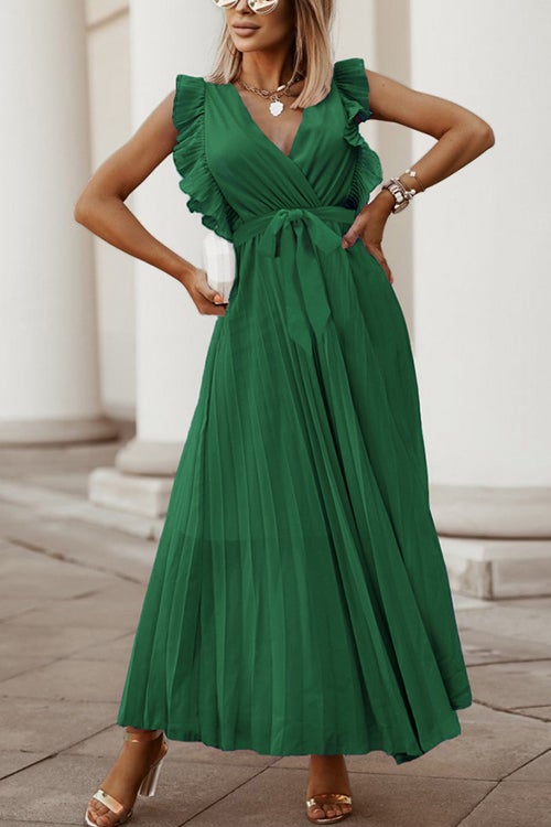Fashion V Neck Solid Color Slim Ruffle Smocked  Dress