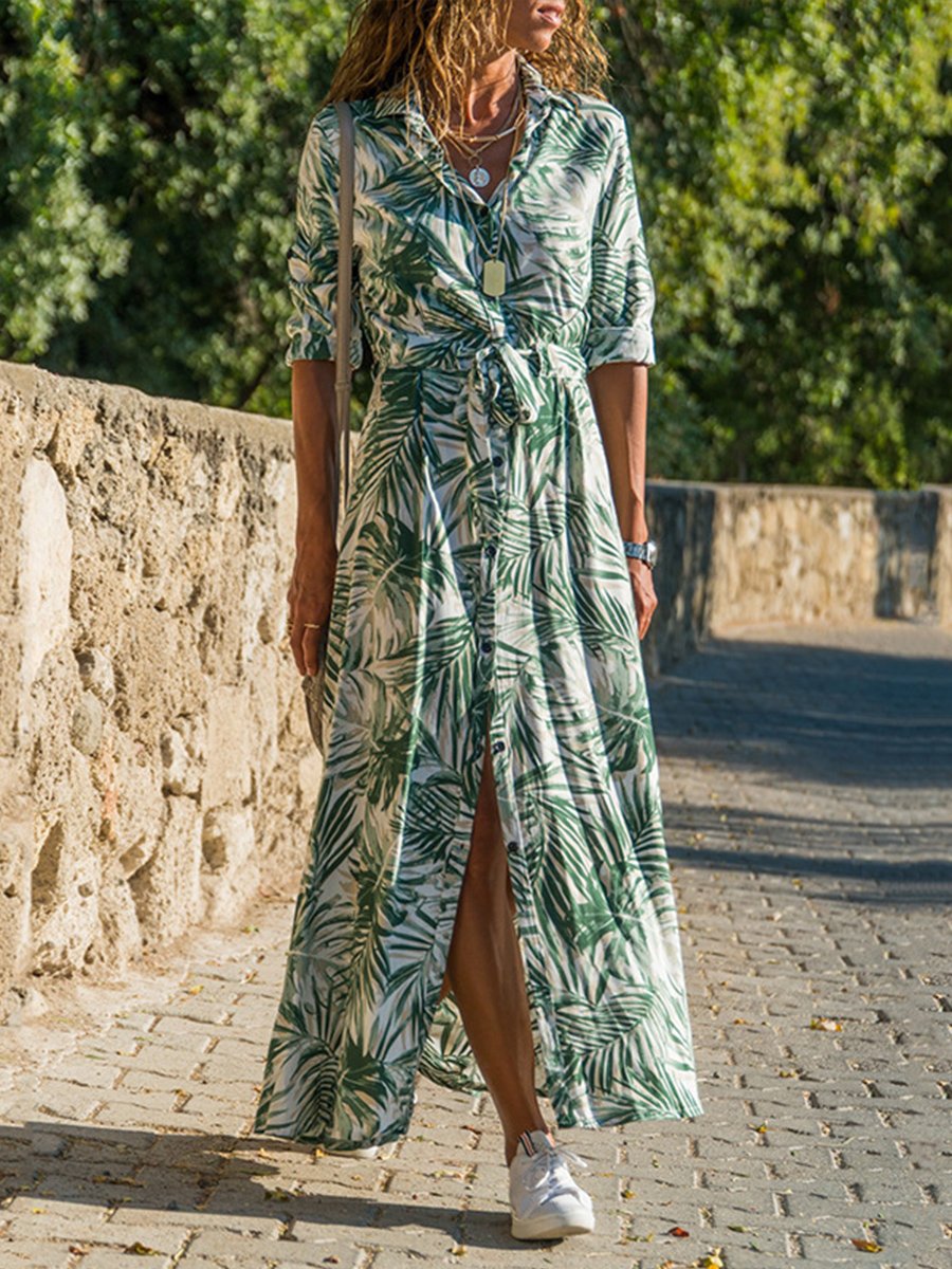 Casual Printed Short-sleeved Lace Up Dress