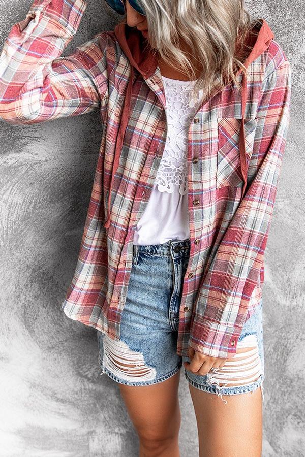 Hooded Loose-fit Women's Woolen Plaid Jacket