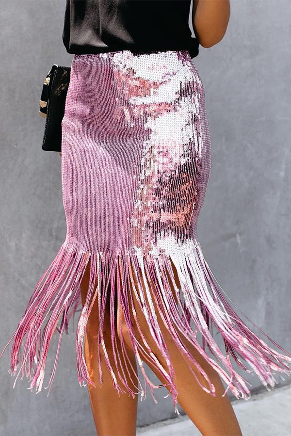 Sequined High Waist Fringed Skirt