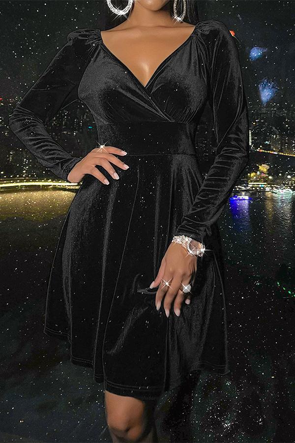V-neck Velvet Long-sleeved Dress