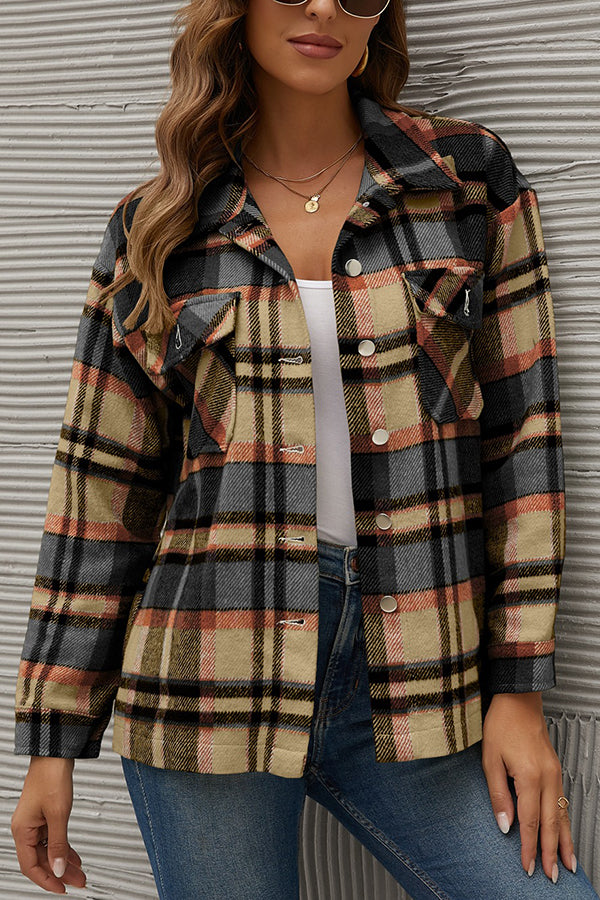 Long Sleeve Orange Plaid Print Jacket