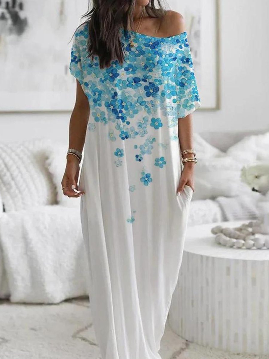 Fresh Floral Print Short Sleeve Maxi Dress