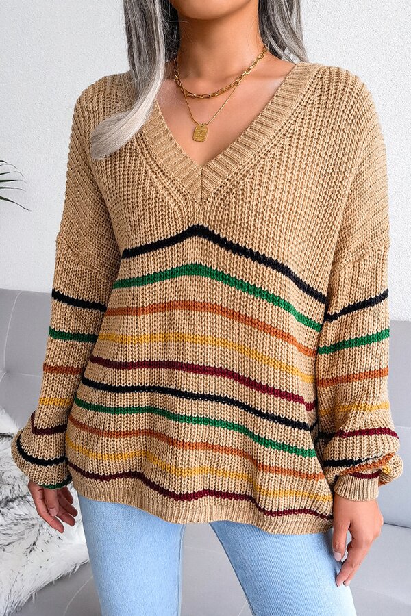 Rainbow Stripes Casual Loose V-neck Sweater