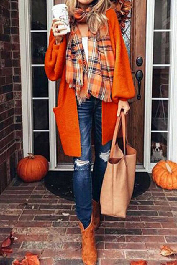 Loose Lantern Sleeve Orange Knitted Coat