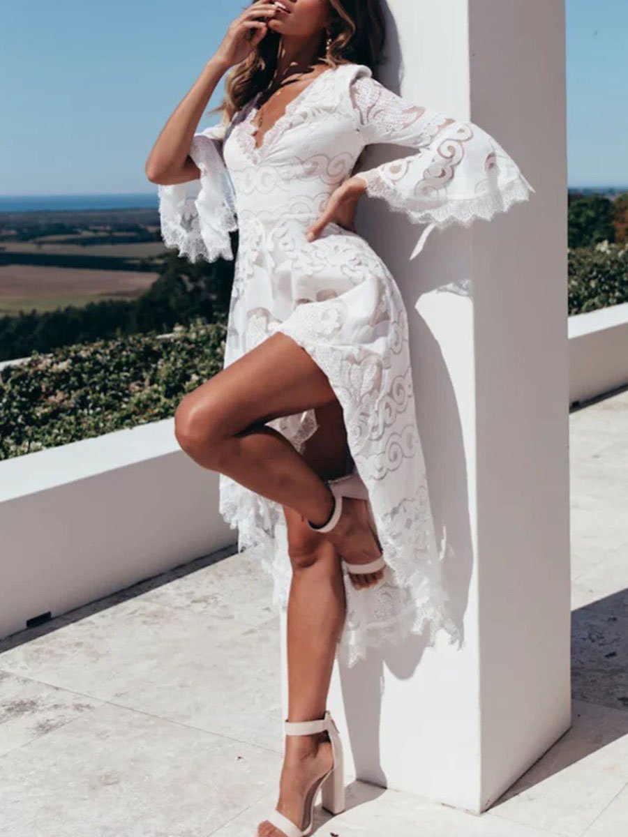 Sweet Solid Flared Sleeve Dress