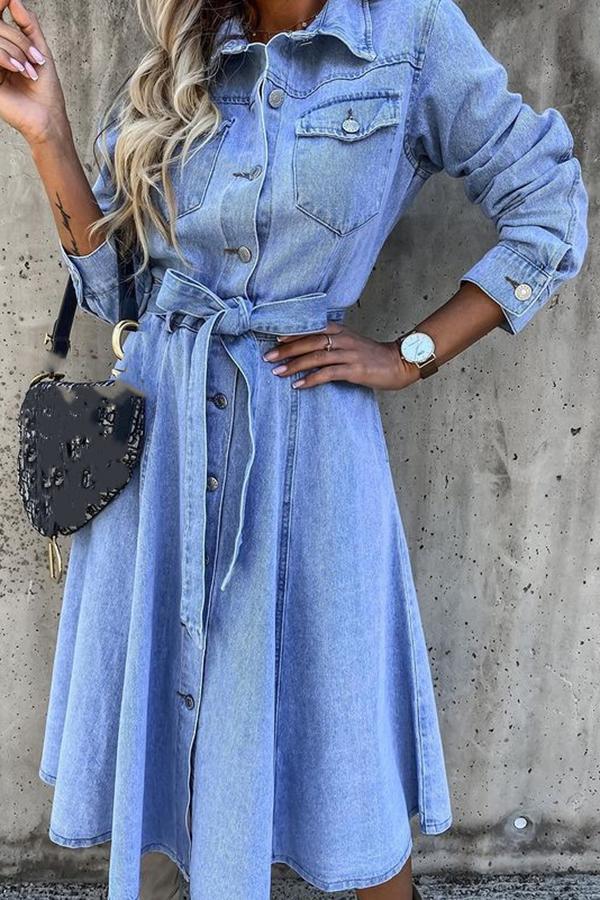 Denim Casual High Waist Pocket Lapel Dress
