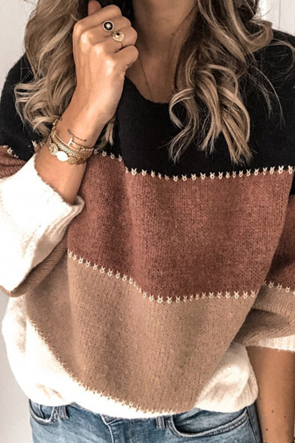 Round Neck Color Block Striped Sweater
