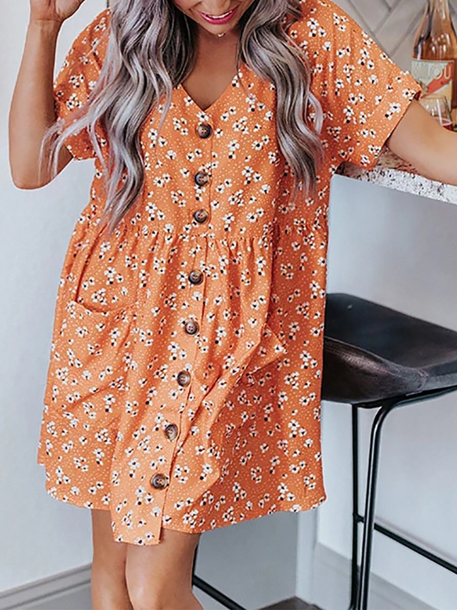 V-neck Print Pockets Loose Mini Dress